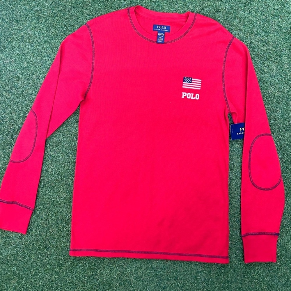 Polo Ralph Lauren Mens Red Waffle Knit Thermal Sleep Shirt American Flag Medium